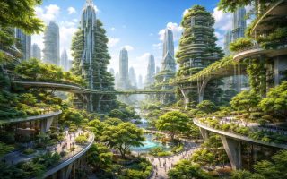 ville-futuriste-batiments-vegetation-ciel-bleu