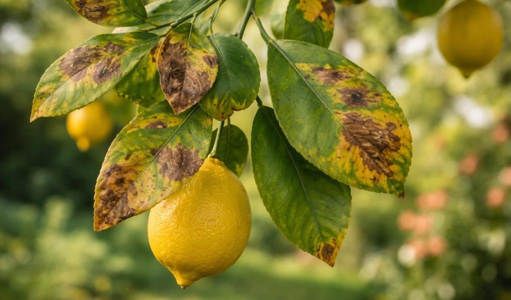 citronnier-feuilles-taches-jardin-flou