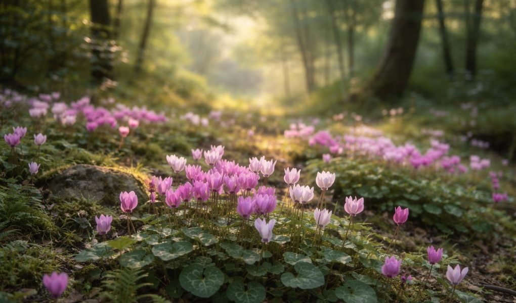 cyclamens-sauvages-jardin-arbres-matin