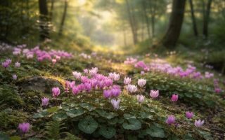 cyclamens-sauvages-jardin-arbres-matin