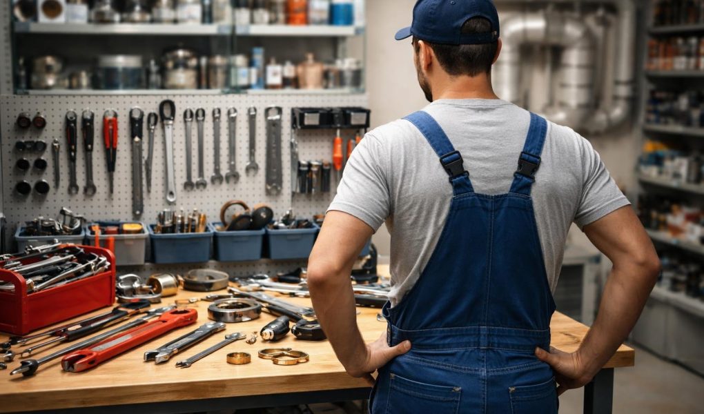 plombier-salopette-etabli-atelier-tuyaux