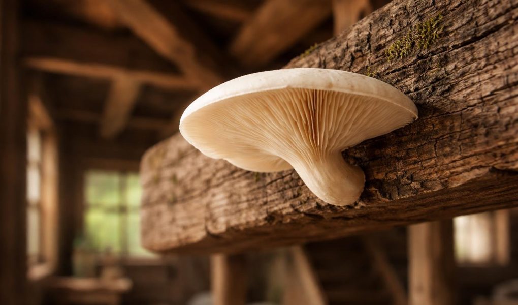 champignon-blanc-poutre-bois-maison