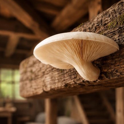 champignon-blanc-poutre-bois-maison