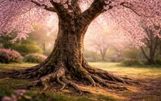 cerisier-fleuri-tronc-racines-jardin